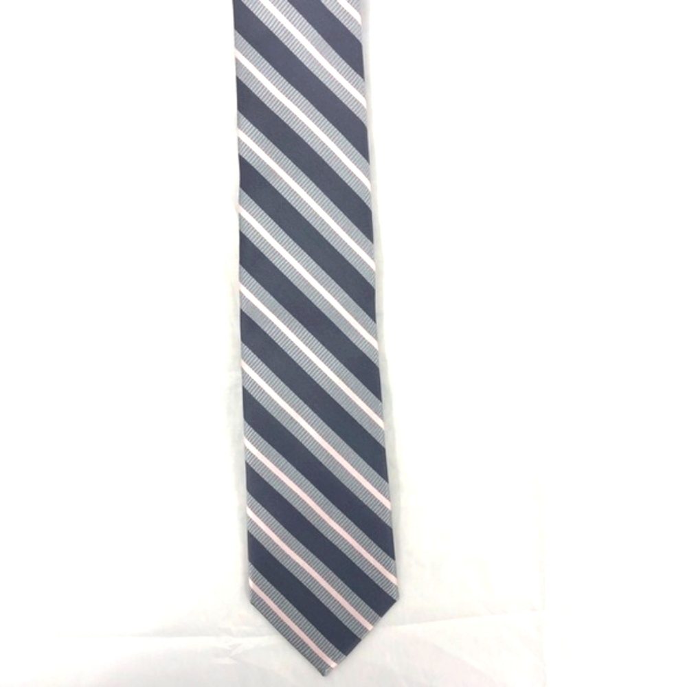 New With Tags Merona 100% Silk Gray and Pink Striped Traditional Long Neck Tie - Picture 2 of 6